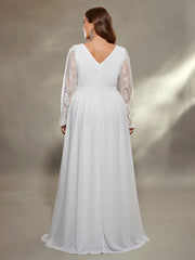 Mgiacy plus size  Deep V shoulder lace long sleeve chest pleated chiffon wedding dress