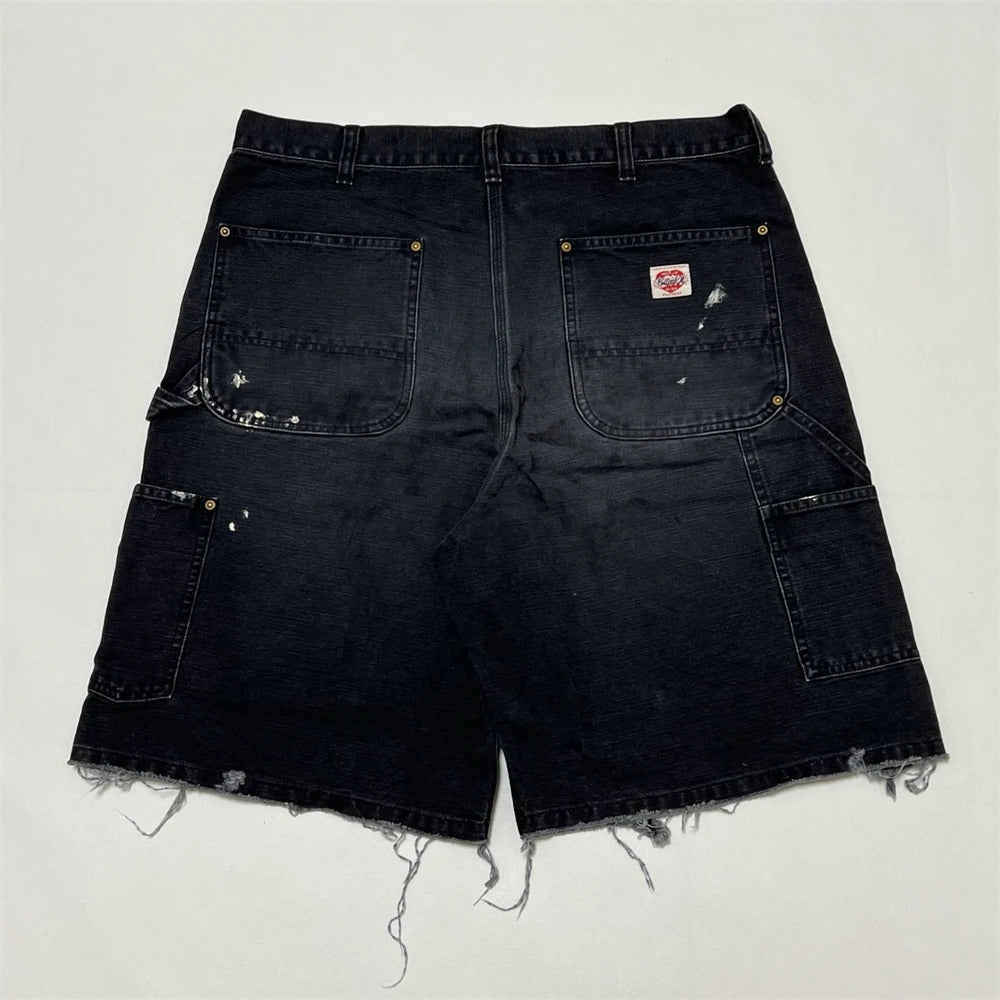 Black Nice Washed Damaged Saint DOUBLE KNEE Zipper Denim Shorts Men Women Oversized Shorts
