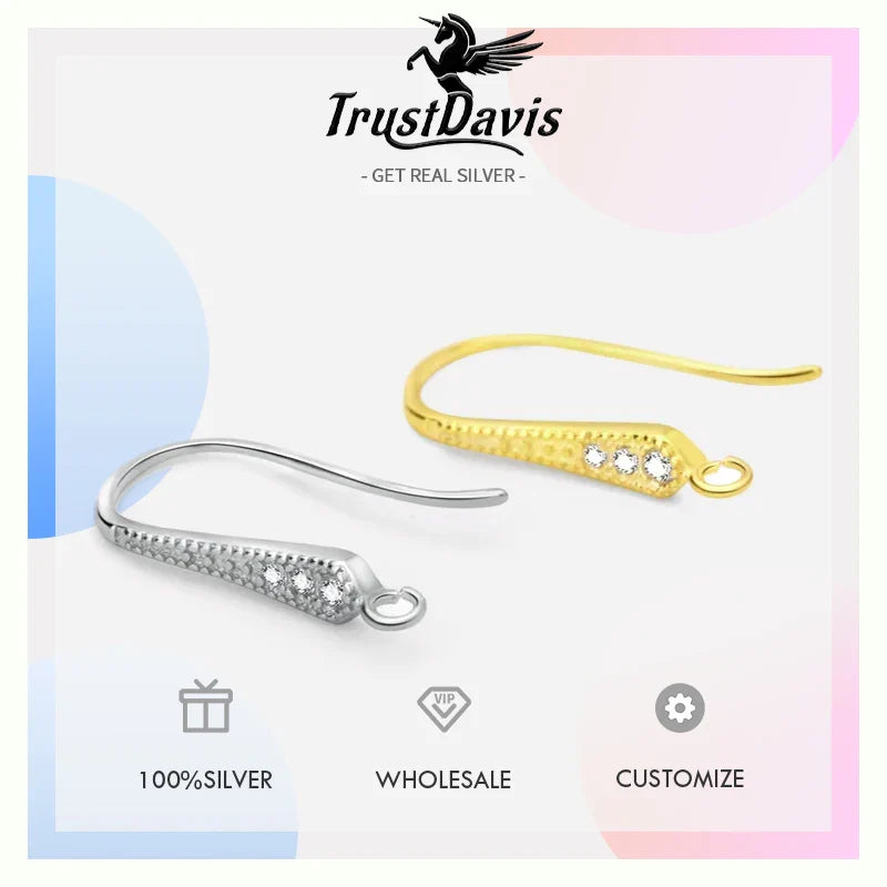 TrustDavis Real 925 Sterling Silver Fashion Dazzling CZ Opening Handmade Ear Hook Earring DIY Accessories Fine Jewelry HY365