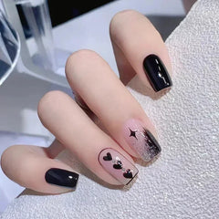 24pcs Black Short Ballet False Nails with Glue French Design Detachable Fake Nails Art Heart Full Cover Press on Nails Tips