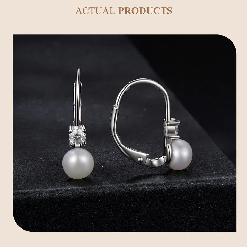 BAMOER Moissanite Freshwater Pearl Earrings for Women Wedding, Round Cut Lab Diamond 925 Sterling Silver Drop Dangle Ear Buckles