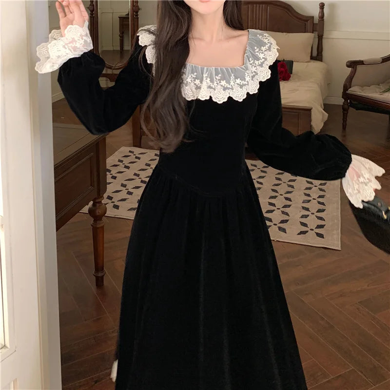 Evening Dresses: Dress Vintage Lace Splicing Gold Velvet Red Long Dress Elegant