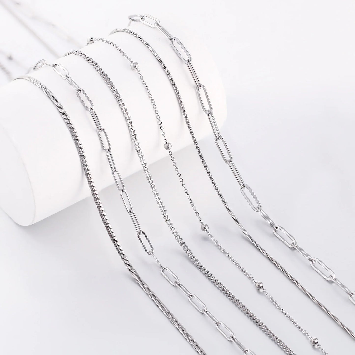 5Pcs/Lot Stainless Steel Bead Rope Link/Cuban/Paperclip Links Snake Chain Necklace Diy Women Jewelry 18K Gold Color Neck Chains
