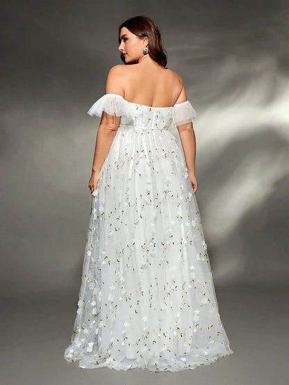 Mgiacy plus size  Line collar three-dimensional embroidered retraction mesh big swing wedding dress Evening gown ball dress