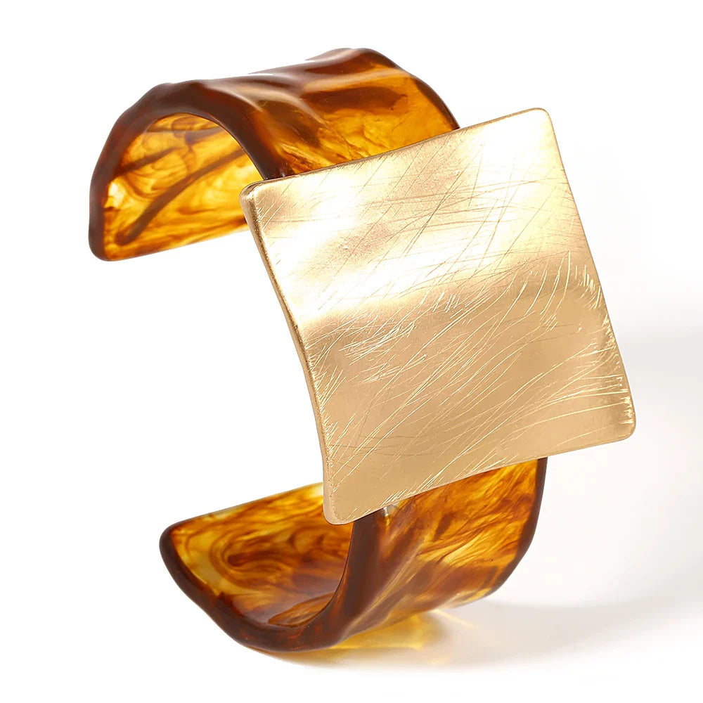 Greatera Metal Brushed Exaggeration Personality Geometric Drawn Square Convex Circular Opening Bracelet Transparent Cuff Bangle