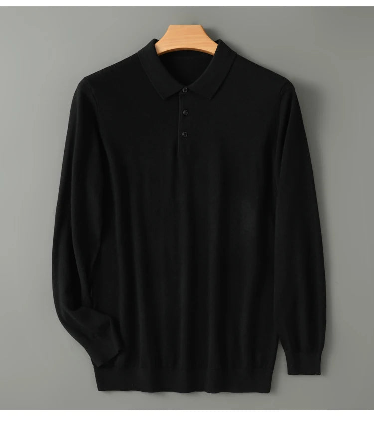 Spring Autumn Men Shirt  Merino Worsted Wool Knitted Pullover Long Sleeve Polo-Collar Clothing Tops Smart Casual Thin Outerwears