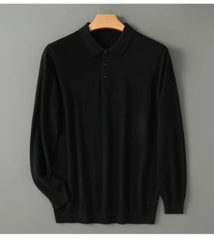 Spring Autumn Men Shirt  Merino Worsted Wool Knitted Pullover Long Sleeve Polo-Collar Clothing Tops Smart Casual Thin Outerwears