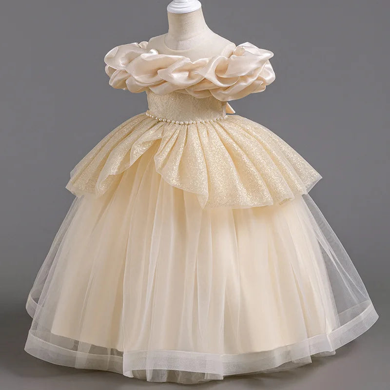 Girl's pearl sequin princess dress 4-10 years old fashionable one shoulder fluffy skirt Birthday wedding flower girl performance