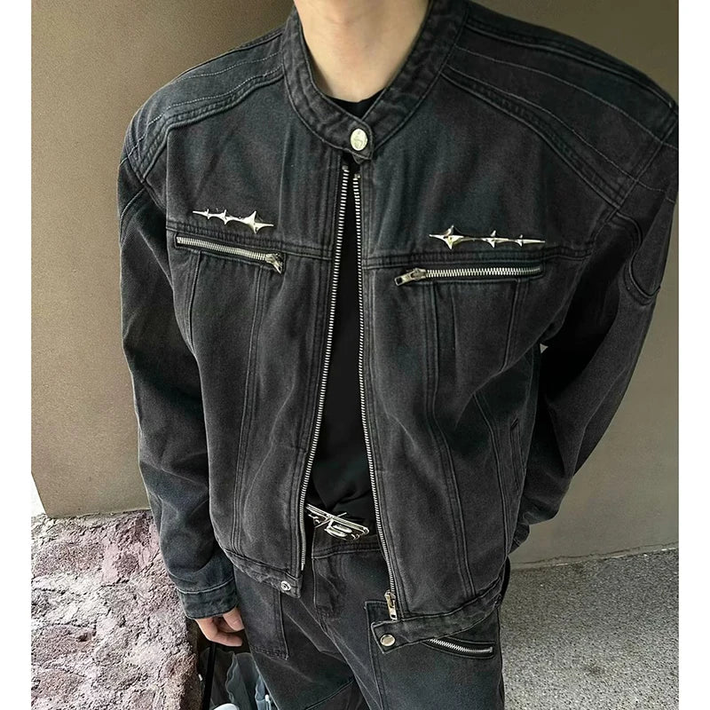 American Vintage Short Denim Jacket Men Woman Hip Hop Washed Metal Buckle Coats