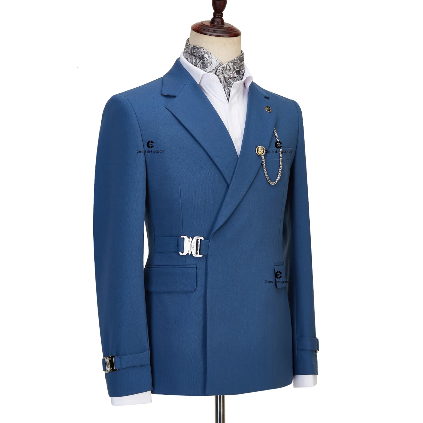 Tuxedo for Mens: Men Suits Blue Jacket Trousers 2 Pieces Set Metal Side Release
