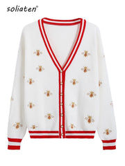 Fashion Designer Bee Embroidery Cardigan Long Sleeve Single Breasted