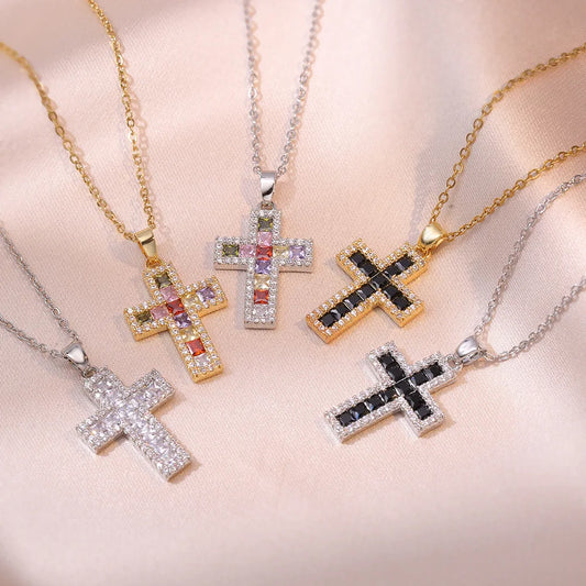 Colorful Zircon Cross Pendant Necklaces for Women Girls Stainless Steel Trendy