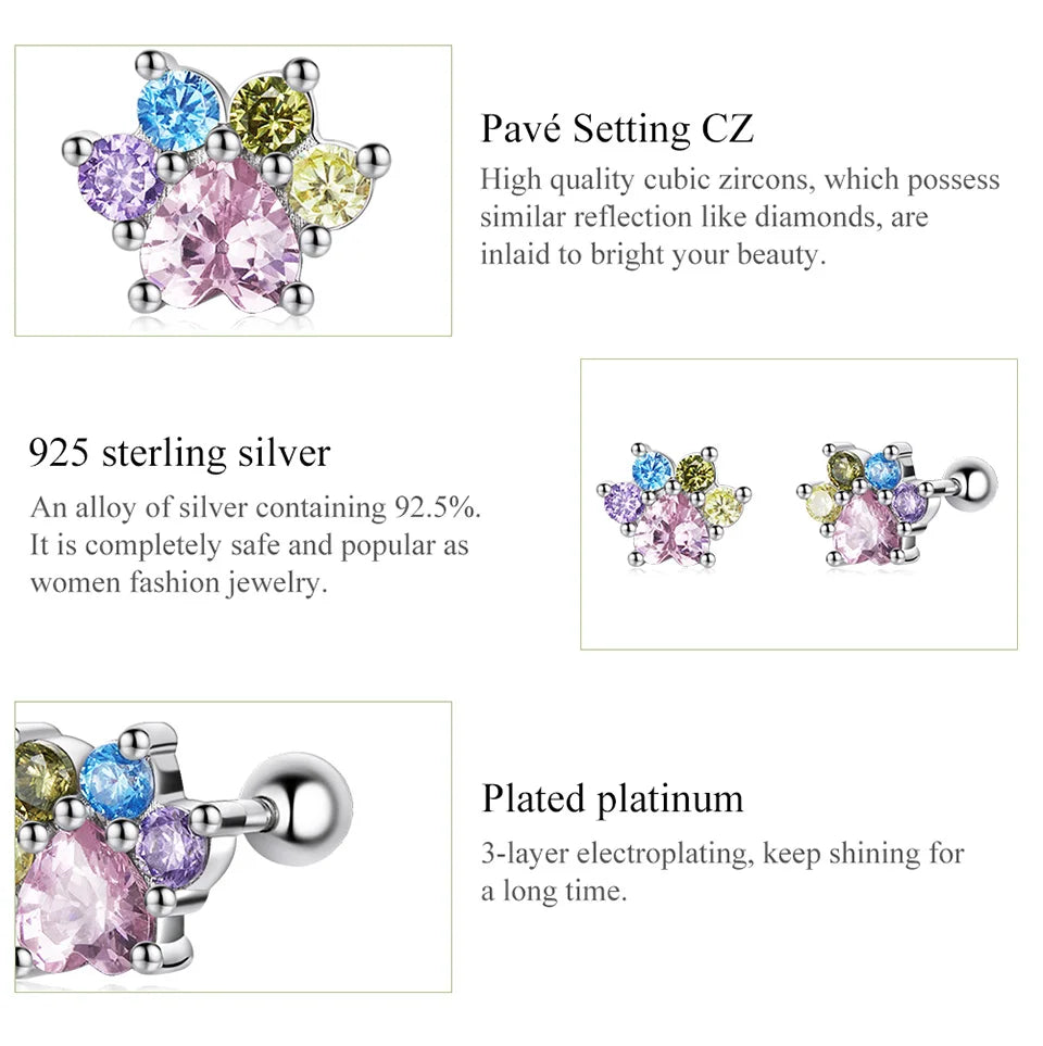 WOSTU 925 Sterling Silver Animals Cute Paws Rainbow Stud Earrings For Women Heart Oval Flower Zircon Crab Ear Studs Jewelry Gift