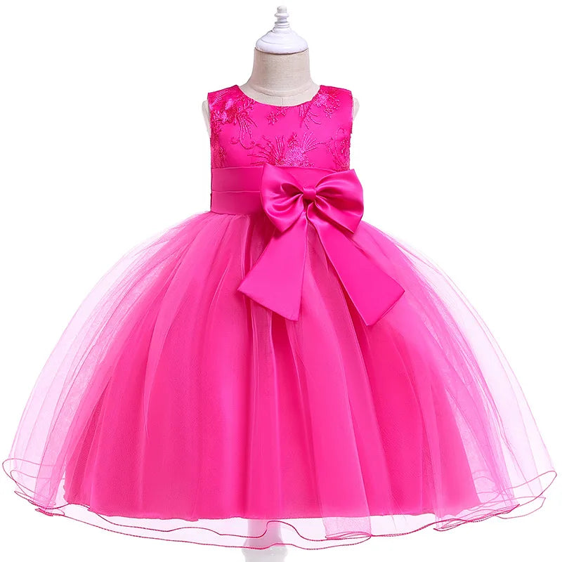 Girl Dress Flower Embroidered Bow Princess Dress Children Lace Mesh Tutu Wedding
