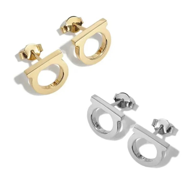 EVISPOL 2Pcs of Simple and Luxurious D-shaped Stainless Steel Stud Eearrings Inlaid Sparkling Cubic Zircon Ear Piering Jewelry