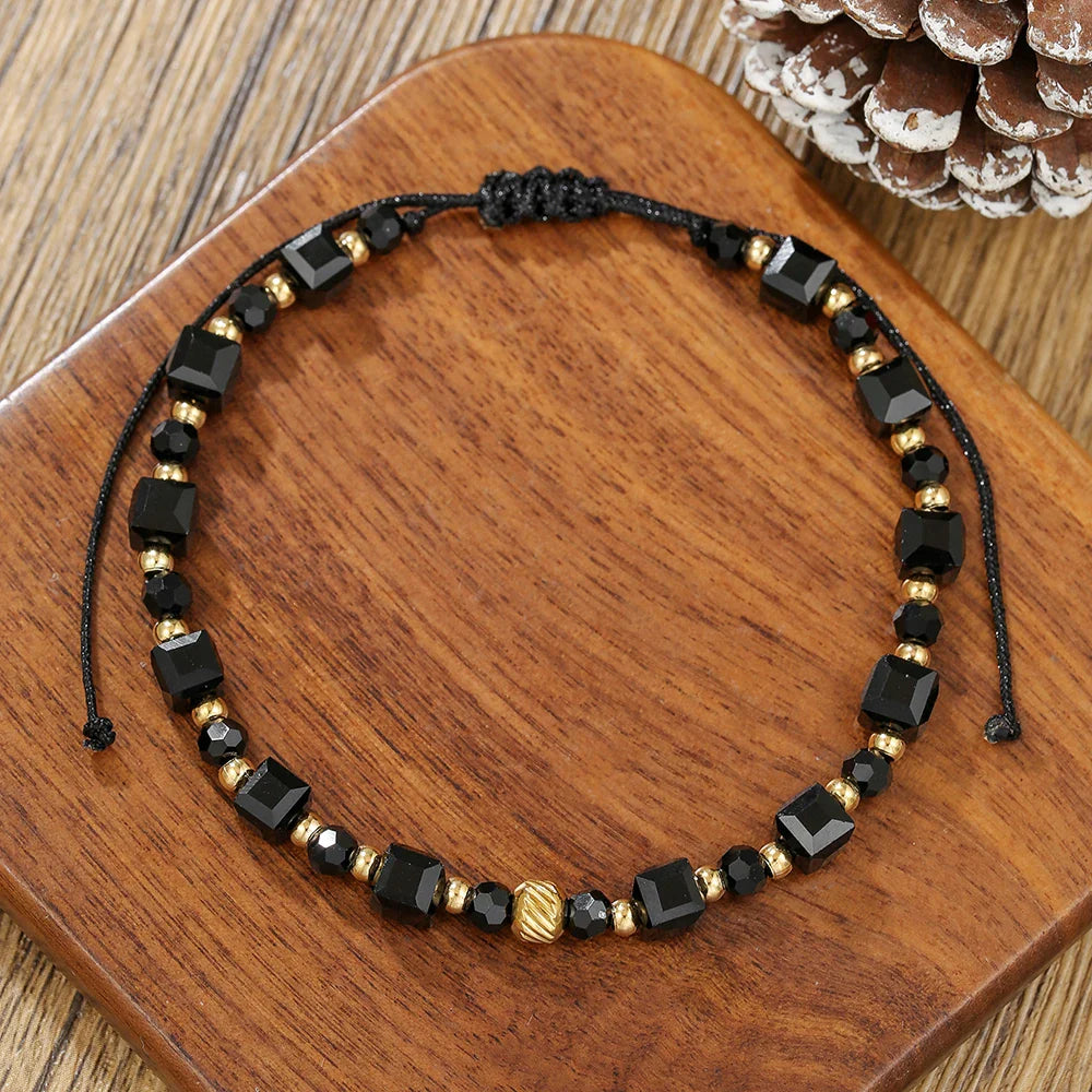 Fashion Boho Adjustable Jewelry Braiding Strap Bracelet Black Crystal Stone Beaded Bracelet For Women Accessory Jewelry