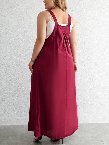 Plus Size Cotton Dress Woman 2024 Summer Sleevless Solid Casual Strap Tank Dress Red Pockets Big Curvy Size Maxi Long Dresses