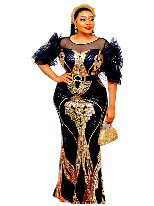 2024 Party Evening Dresses Long Luxury Gown African Short Sleeve Sequin Dress