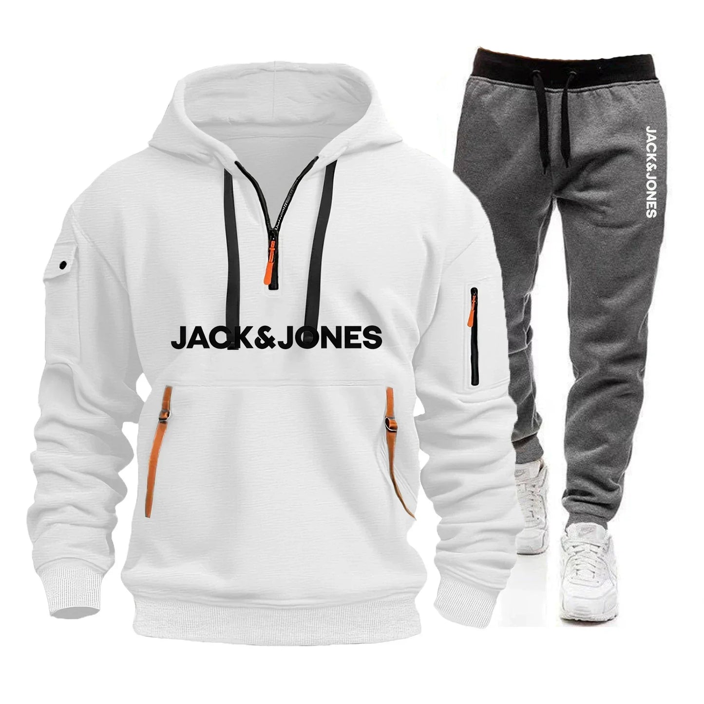 Two sets of men's sportswear for autumn/Winter 2025, including a sweatshirt and two sets of fitness jogging pants with wool caps