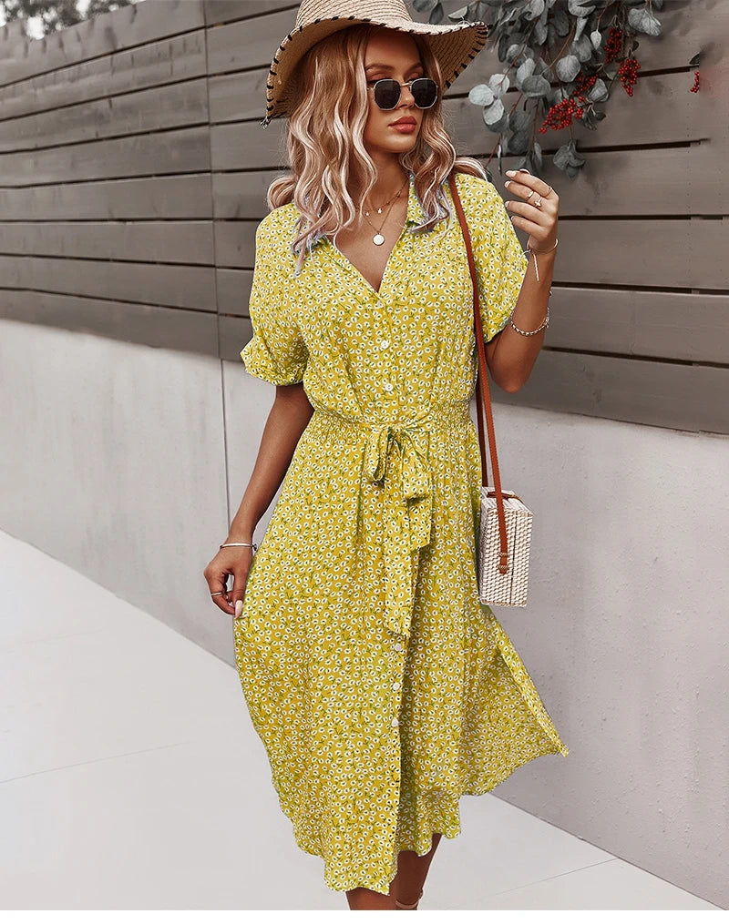 Summer Women Floral Print Dress Casual Short Sleeve Button Holiday Midi Dresses