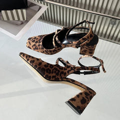 Leopard Print Narrow Band Buckle Strap Women Pumps Elegant Square Toe