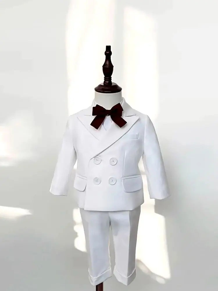 White Suit For Baby Boy 9 Month-4 Year Kids Boys Blazer Pants With Straps 3 PCS Clothes Set Baptism Wedding Elegant Party Dress