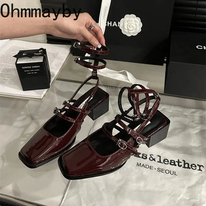 2024 Summer Design Women Sandal Fashion Narrow Band Dress Square Heel Shoes Ladies Outdoor Patent Leather Mary Jane Shoes