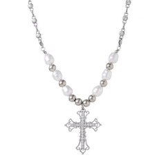 Pearl Cross Pendant Necklace Hip Hop Retro Men Women Religious Jewelry