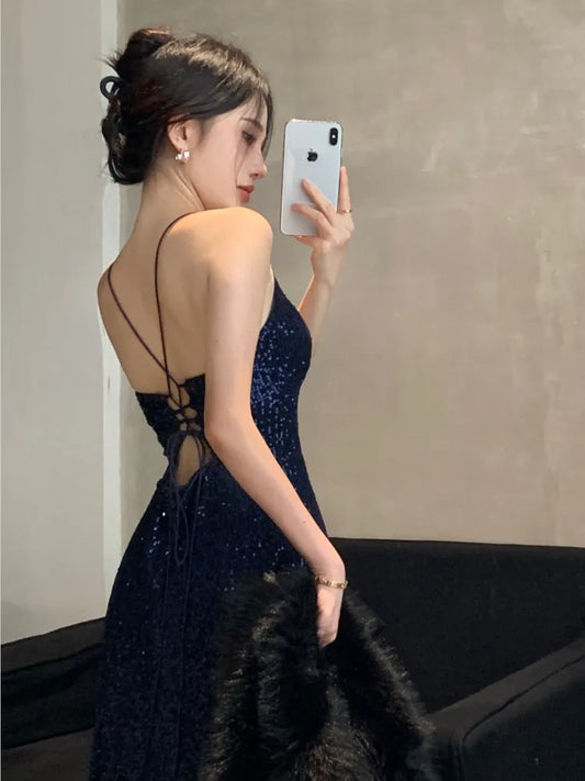 Women's Backless V-Neck Split Maxi Dress Slim Evening Gown