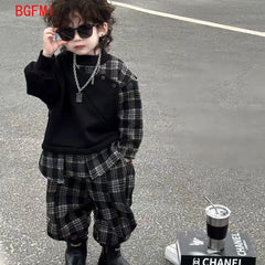 Baby Boys Children Clothes Spring Autumn Kid Fashion Splicing Plaid Coat + Plaid Pants 2Pcs Set Streetwear Handsome Sportswear