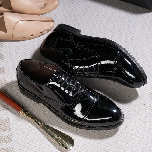 Luxury Mens Oxfords Genuine Patent Leather Solid Cap Toe Wedding Party Dress Shoes