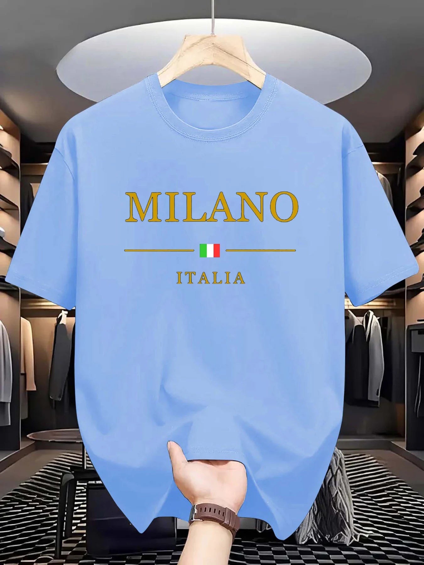 Men's summer 100 cotton fashionable casual loose plus size MILANO ITALIA pattern printed sports round neck short sleeved T-shirt