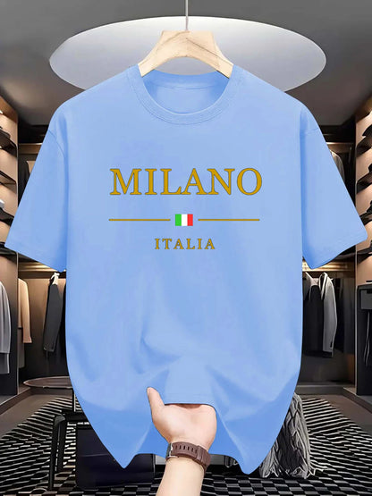 Men's summer 100 cotton fashionable casual loose plus size MILANO ITALIA pattern printed sports round neck short sleeved T-shirt