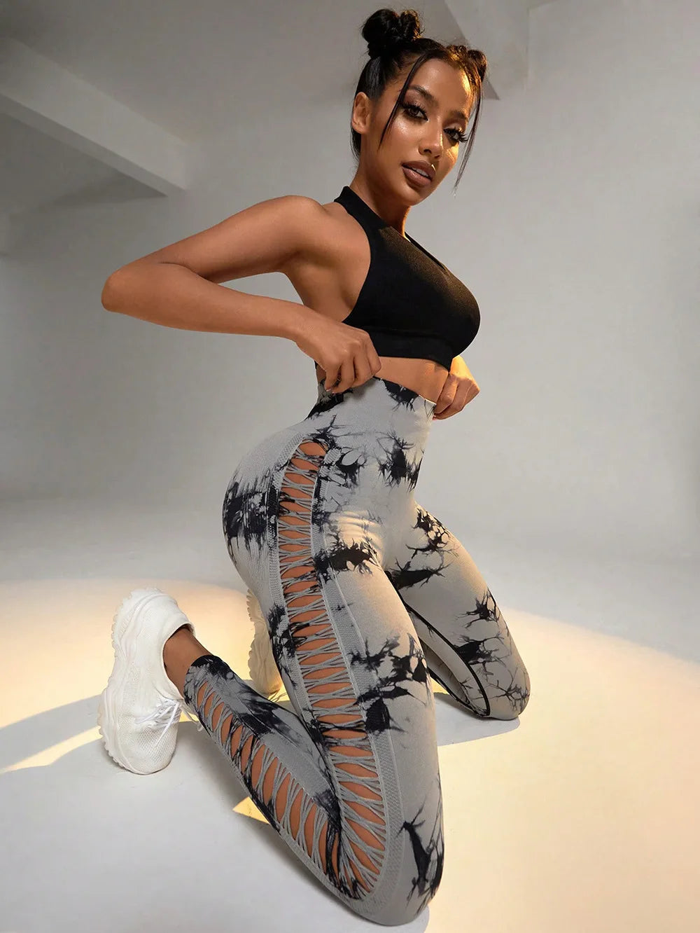 Women Tie Dye Hollow Out Leggings Sports Yoga Pants Fitness Sportswear