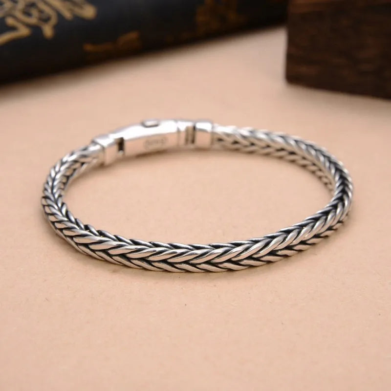 100% S925 Sterling Silver Handmade Woven Retro Domineering Style Personality Keel Man Woman Pure S925 Silver Bracelet Jewelry