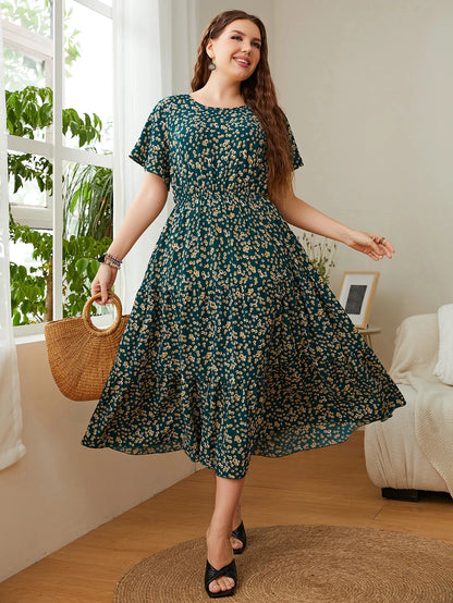 Trendy Big Size Women's Clothing Dress Summer O-Neck Floral Print Midi Dresses Party Elegant Casual Ladies Plus Size Long Dress