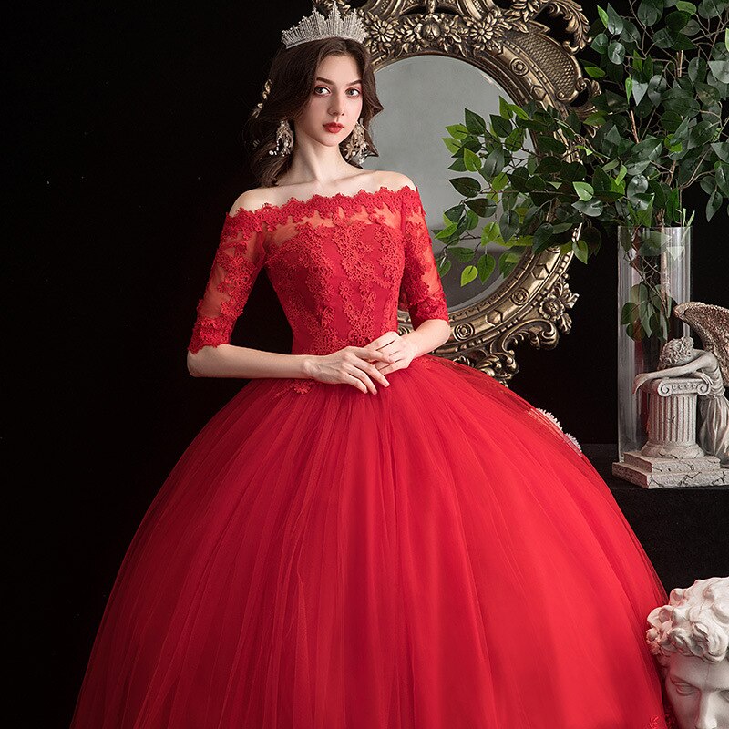 Red Wedding Dresses Elegant Boat Neck Vestido De Noiva Classic Lace