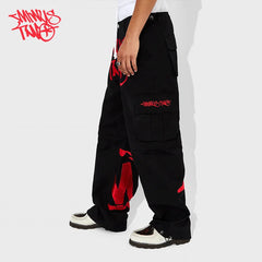 Minus Two Streetwear Y2k Harem Casual Pants Men Elastic Waist Black Multi Pocket