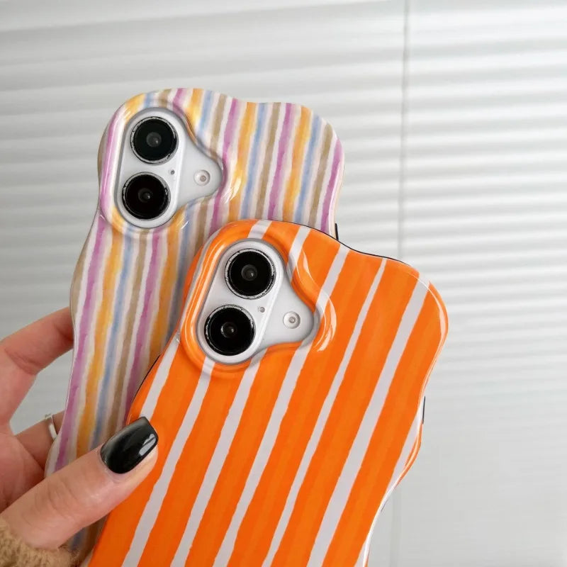 Fashion 2 in 1 Glossy Stripes Phone Case For IPhone 16 15 14 13 Pro Max Comfortable Touch Wave Edges Hard Slim Back Cover Shell