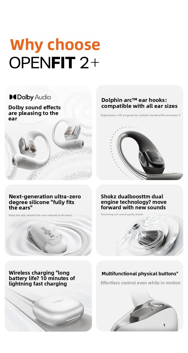 Shokz OpenFit 2+ T921 Open Hanging Ear Headsets Dolby Audio Wireless Bluetooth Earphones,DualBoost Technology AI Noise Reduction