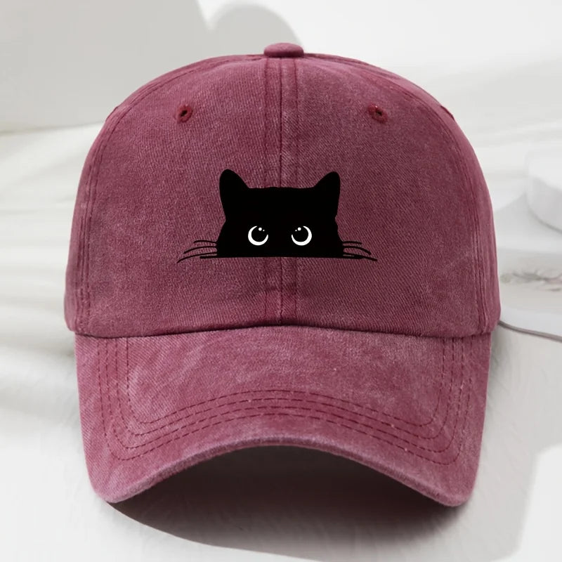 Cute cat print vintage washed baseball cap for men and women, versatile casual curved brim hat