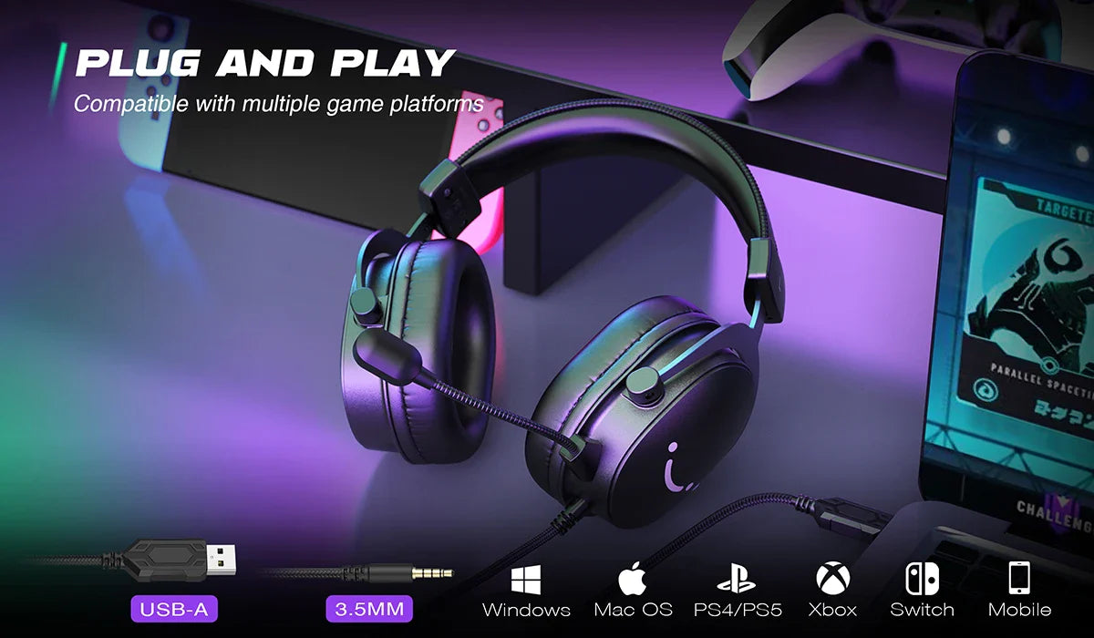 FIFINE Headset,3.5 mm jack&USB Headphone with 7.1 Surround Sound/volum contral/Mute switch for PC/MAC/PS4/PS5 Mixer-H9