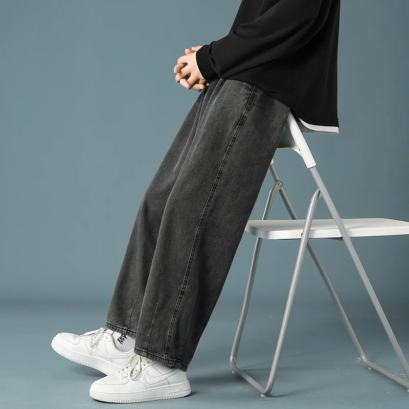 Men's Baggy Denim Wide Leg Pants Korean Style Elastic Waist Stylish Harem Fit Jeans