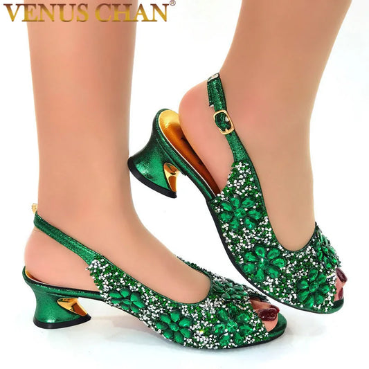 Green Color Party Shoes 2022 Newest Italian Design Floral Full Diamond Fashion Woman High Heel Wedding Banquet Ladies Sandals