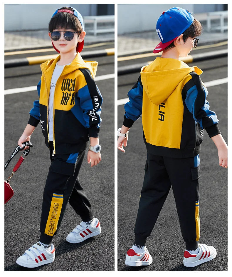 2026 winter spring Tracksuit Clothes Boys Teenager Kids zipper splicing Child set jacket hooded + striped Pant 8 9 10 11 12 year