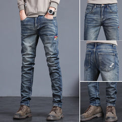 Embroidered Jeans Men's Autumn Winter New Korean Fashion Slim Little Feet Trousers