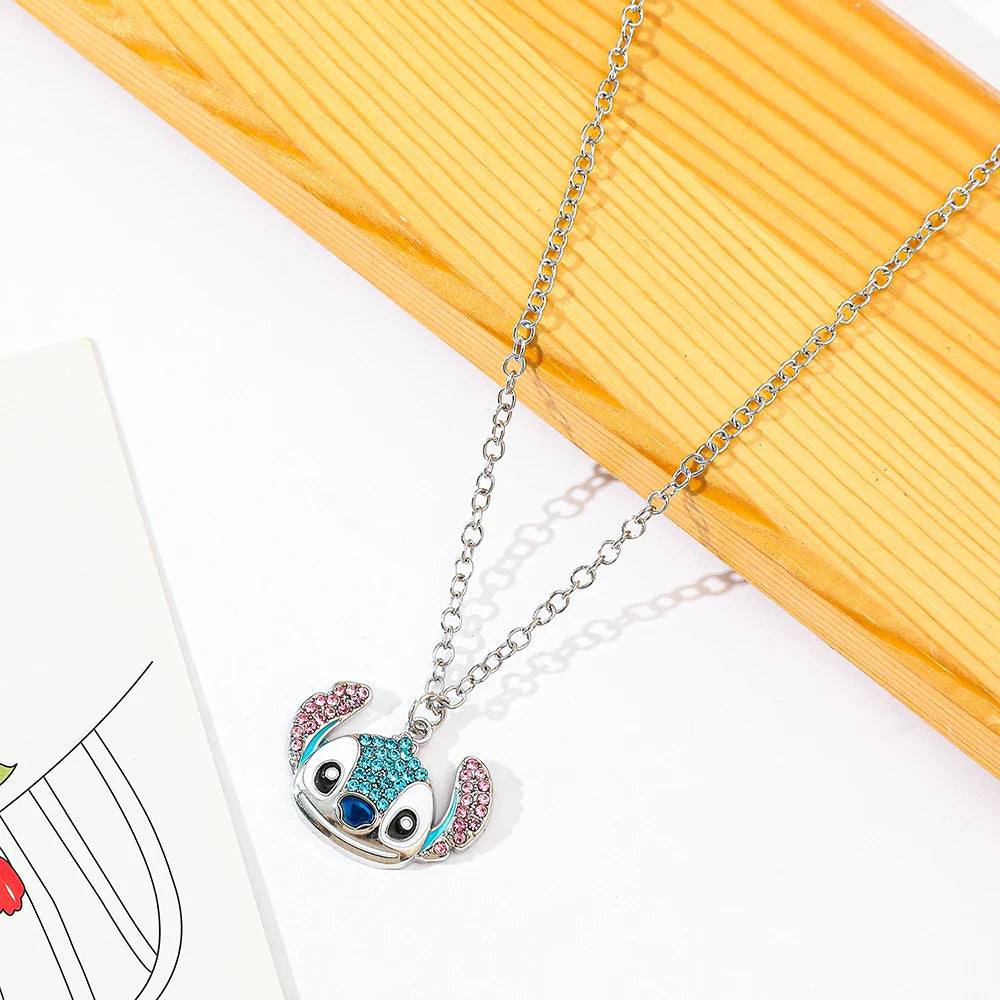 Disney Stitch Cartoon Pendant Necklace Cute Filled Rhinestones Jewelry Personality Sweater Chain Gift for Fashion Lovers