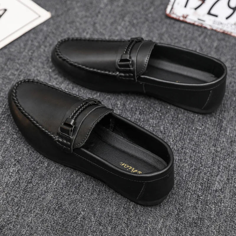 Mens Genuine Leather Loafers Luxury Formal Wedding Dress Shoes Soft Comfortable Waterproof Driving Shoes Slip on Flats Moccasin