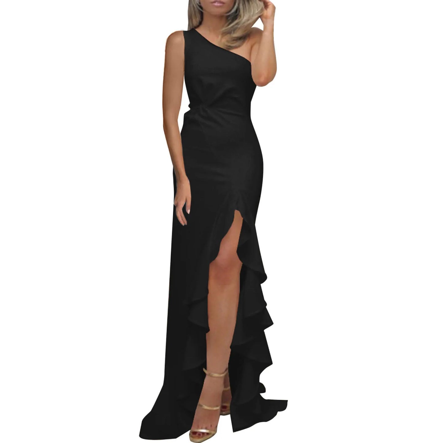 Evening wear Dresses: Ladies One Shoulder Ruched Ruffle Elegant Dress