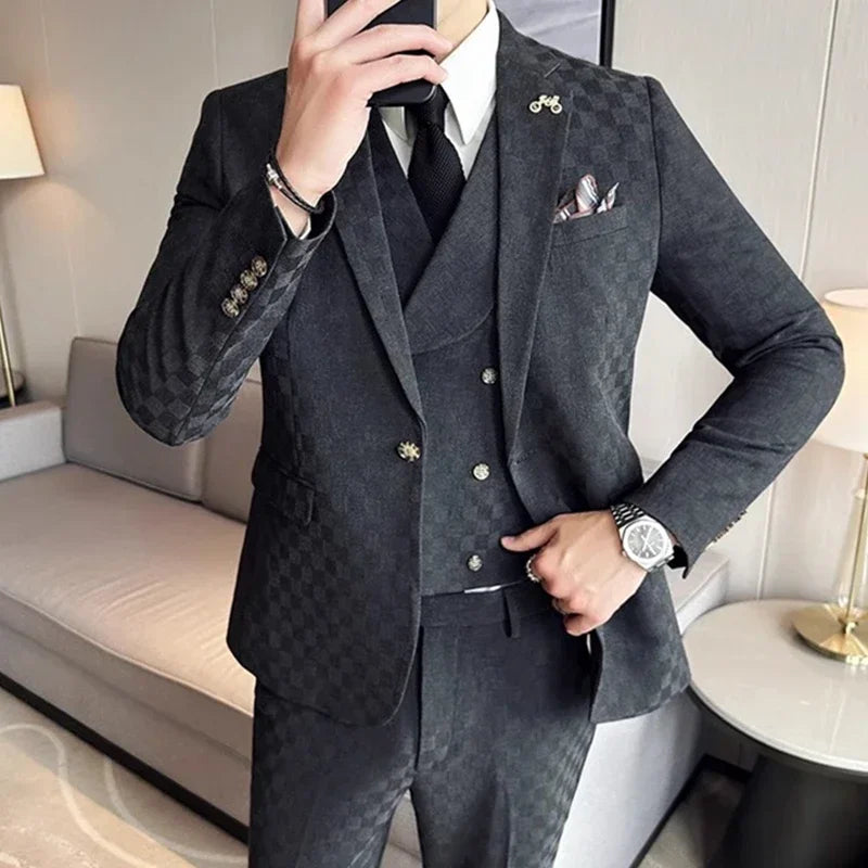 Tuxedo for Mens: Men Leisure Boutique Business Plaid Wedding Host Suit 3 Pcs Set